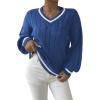 imageSHENHE Womens V Neck Cable Knit Drop Shoulder Striped Trim Loose Sweater PulloverBlue