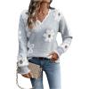 imageSHENHE Womens V Neck Floral Sweater Long Sleeve Fuzzy Trim Loose Fall Sweater PulloverLight Grey