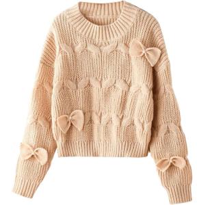 imageSHENHE Girls Bow Sweater Pullover Crewneck Long Sleeve Knitted Cute Sweater Jumper TopApricot