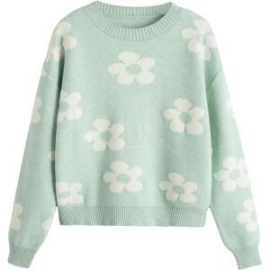 imageSHENHE Girls Casual Flower Print Crewneck Long Sleeve Pullover Sweater Jumper TopsBlue
