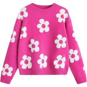 imageSHENHE Girls Casual Flower Print Crewneck Long Sleeve Pullover Sweater Jumper TopsFloral Hot Pink