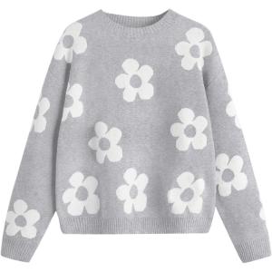 imageSHENHE Girls Casual Flower Print Crewneck Long Sleeve Pullover Sweater Jumper TopsGrey