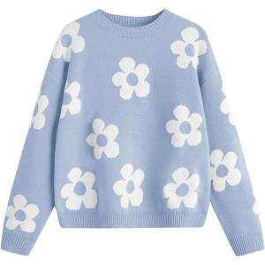 imageSHENHE Girls Casual Flower Print Crewneck Long Sleeve Pullover Sweater Jumper TopsLight Blue