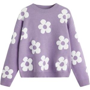 imageSHENHE Girls Casual Flower Print Crewneck Long Sleeve Pullover Sweater Jumper TopsMauve Purple