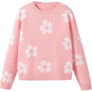 imageSHENHE Girls Casual Flower Print Crewneck Long Sleeve Pullover Sweater Jumper TopsPink
