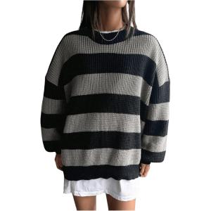 imageSHENHE Womens Color Block Oversized Crew Neck Ribbed Knit Casual Sweater PulloverBlack and Gray