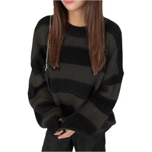 imageSHENHE Womens Color Block Oversized Crew Neck Ribbed Knit Casual Sweater PulloverBlack and Green