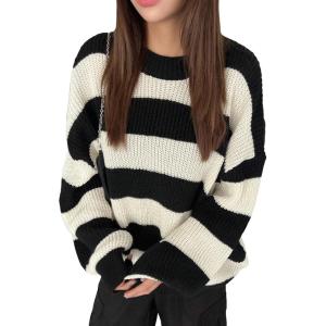 imageSHENHE Womens Color Block Oversized Crew Neck Ribbed Knit Casual Sweater PulloverBlack and White