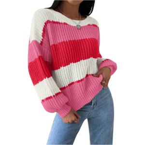 imageSHENHE Womens Color Block Oversized Crew Neck Ribbed Knit Casual Sweater PulloverHot Pink