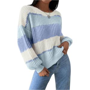 imageSHENHE Womens Color Block Oversized Crew Neck Ribbed Knit Casual Sweater PulloverLight Blue