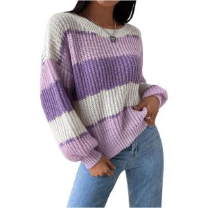 imageSHENHE Womens Color Block Oversized Crew Neck Ribbed Knit Casual Sweater PulloverPurple