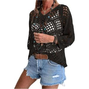 imageSHENHE Womens Crochet Hollow Out V Neck Long Sleeve Sheer Sweater Pullover Cover Up TopBlack