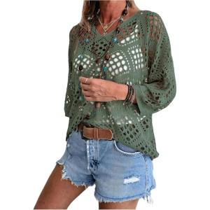imageSHENHE Womens Crochet Hollow Out V Neck Long Sleeve Sheer Sweater Pullover Cover Up TopGreen