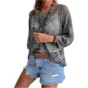 imageSHENHE Womens Crochet Hollow Out V Neck Long Sleeve Sheer Sweater Pullover Cover Up TopGrey
