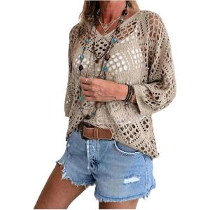 imageSHENHE Womens Crochet Hollow Out V Neck Long Sleeve Sheer Sweater Pullover Cover Up TopKhaki