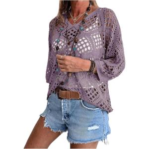 imageSHENHE Womens Crochet Hollow Out V Neck Long Sleeve Sheer Sweater Pullover Cover Up TopPurple