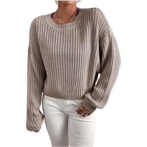 imageSHENHE Womens Cropped Pullover Sweater Dolman Sleeve Crew Neck Soft Knitted SweaterKhaki