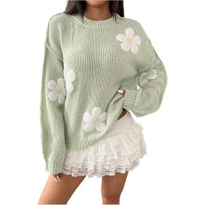 imageSHENHE Womens Cute Floral Crew Neck Knit Sweater Drop Shoulder Casual Flower PulloversGreen