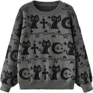 imageSHENHE Womens Oversized Goth Cartoon Pattern Ripped Round Neck Sweater Pullover Top