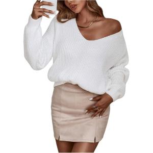 imageSHENHE Womens Oversized Sweater Jumper Deep V Neck Soft Knit Long Sleeve Sweater
