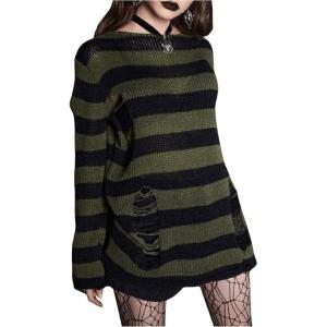 imageSHENHE Womens Striped Distressed Sweater Ripped Crewneck Knit Pullover Top Goth Grunge ClubwearGreen and Black