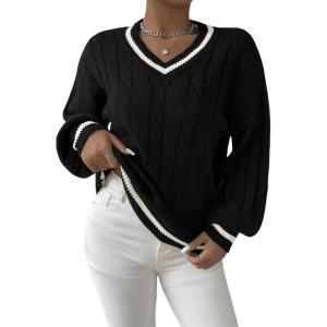 imageSHENHE Womens V Neck Cable Knit Drop Shoulder Striped Trim Loose Sweater PulloverBlack