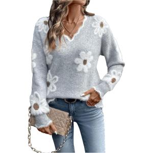 imageSHENHE Womens V Neck Floral Sweater Long Sleeve Fuzzy Trim Loose Fall Sweater PulloverLight Grey