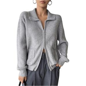 imageSHENHE Womens Zip Up Sweater Jacket Collared Long Sleeve Soft Cardigan Outwear with PocketsGrey