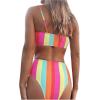 imageSHENHE Womens 2 Piece High Waisted Swimsuit Color Block Rainbow Striped Bathing Suit Bikini SetPink Red Yellow