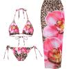 imageSHENHE Womens 3 Piece Cheetah Bikini Set Floral Triangle Halter String Swimsuits with Cove UpPink