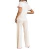imageSHENHE Womens Button Down Pajama Sets 2 Piece Short Sleeve Nightwear with Pants Lounge SetBeige