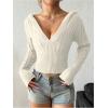 imageSHENHE Womens Cable Knit Crop Sweater Pullover Ribbed Knit Fitted V Neck Hooded SweaterWhite