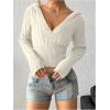 imageSHENHE Womens Cable Knit Crop Sweater Pullover Ribbed Knit Fitted V Neck Hooded SweaterWhite