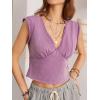 imageSHENHE Womens Cap Sleeve Ruched Crop Top V Neck Smocked Back Casual Y2k TshirtViolet Purple