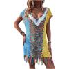 imageSHENHE Womens Fringe Hem Color Block Knitted Crochet Swim Coverup Sheer Beach DressMulticolor