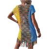 imageSHENHE Womens Fringe Hem Color Block Knitted Crochet Swim Coverup Sheer Beach DressMulticolor
