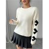 imageSHENHE Womens Graphic Bow Sweater Pullover Crew Neck Drop Shoulder Soft Knit SweatersBeige