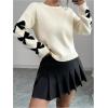 imageSHENHE Womens Graphic Bow Sweater Pullover Crew Neck Drop Shoulder Soft Knit SweatersBeige