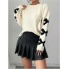 imageSHENHE Womens Graphic Bow Sweater Pullover Crew Neck Drop Shoulder Soft Knit SweatersBeige