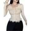 imageSHENHE Womens Lace Trim Button Up Ribbed Sweater Cardigan Crew Neck Cute Fitted SweaterBeige