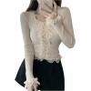 imageSHENHE Womens Lace Trim Button Up Ribbed Sweater Cardigan Crew Neck Cute Fitted SweaterBeige