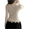 imageSHENHE Womens Lace Trim Button Up Ribbed Sweater Cardigan Crew Neck Cute Fitted SweaterBeige