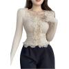 imageSHENHE Womens Lace Trim Button Up Ribbed Sweater Cardigan Crew Neck Cute Fitted SweaterBeige