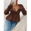 imageSHENHE Womens Plus Size Deep V Neck Peplum Pullover Sweater Tie Front Ruffle Knit Sweater TopCoffee Brown