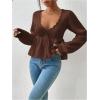 imageSHENHE Womens Plus Size Deep V Neck Peplum Pullover Sweater Tie Front Ruffle Knit Sweater TopCoffee Brown