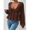 imageSHENHE Womens Plus Size Deep V Neck Peplum Pullover Sweater Tie Front Ruffle Knit Sweater TopCoffee Brown