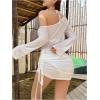 imageSHENHE Womens Sheer Swimsuit Cover Up Long Sleeve Ruched Drawstring Beach Dress CoverupsWhite