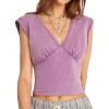 imageSHENHE Womens Cap Sleeve Ruched Crop Top V Neck Smocked Back Casual Y2k TshirtViolet Purple
