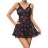 imageSHENHE Womens Cute Cherry Print Lace Trim Ruffle Hem Sleeveless Nightgown ChemiseHeart Black