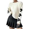 imageSHENHE Womens Graphic Bow Sweater Pullover Crew Neck Drop Shoulder Soft Knit SweatersBeige